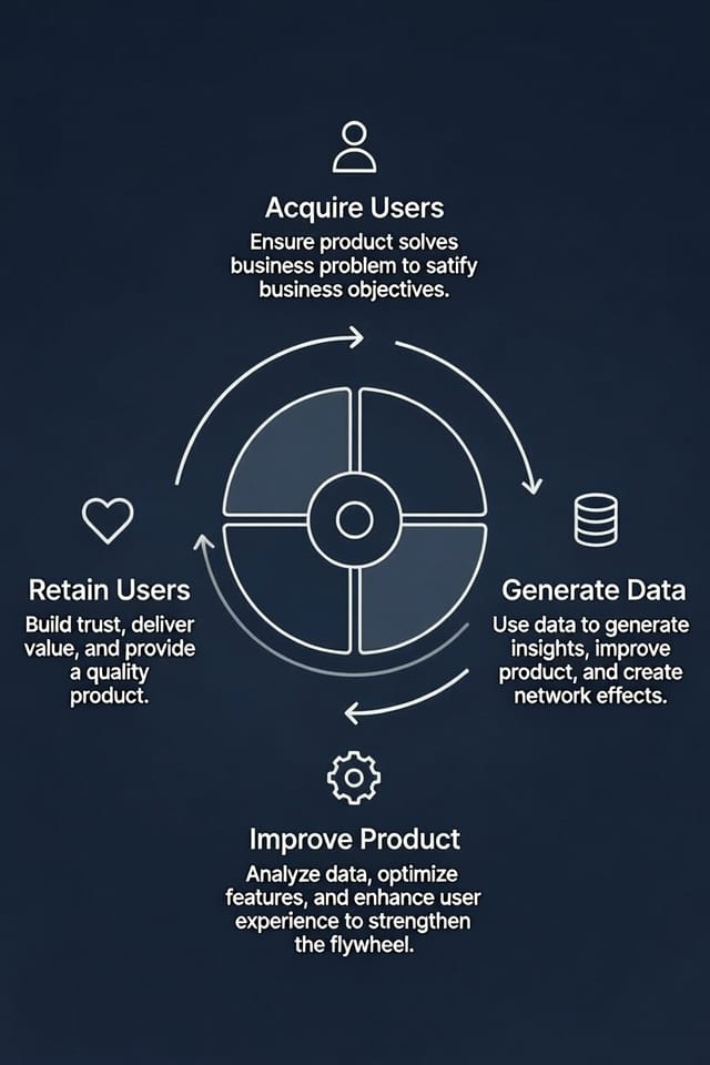 Business flywheel diagram showing four compounding stages: Acquire Users, Generate Data, Improve Product, and Retain Users in a continuous loop