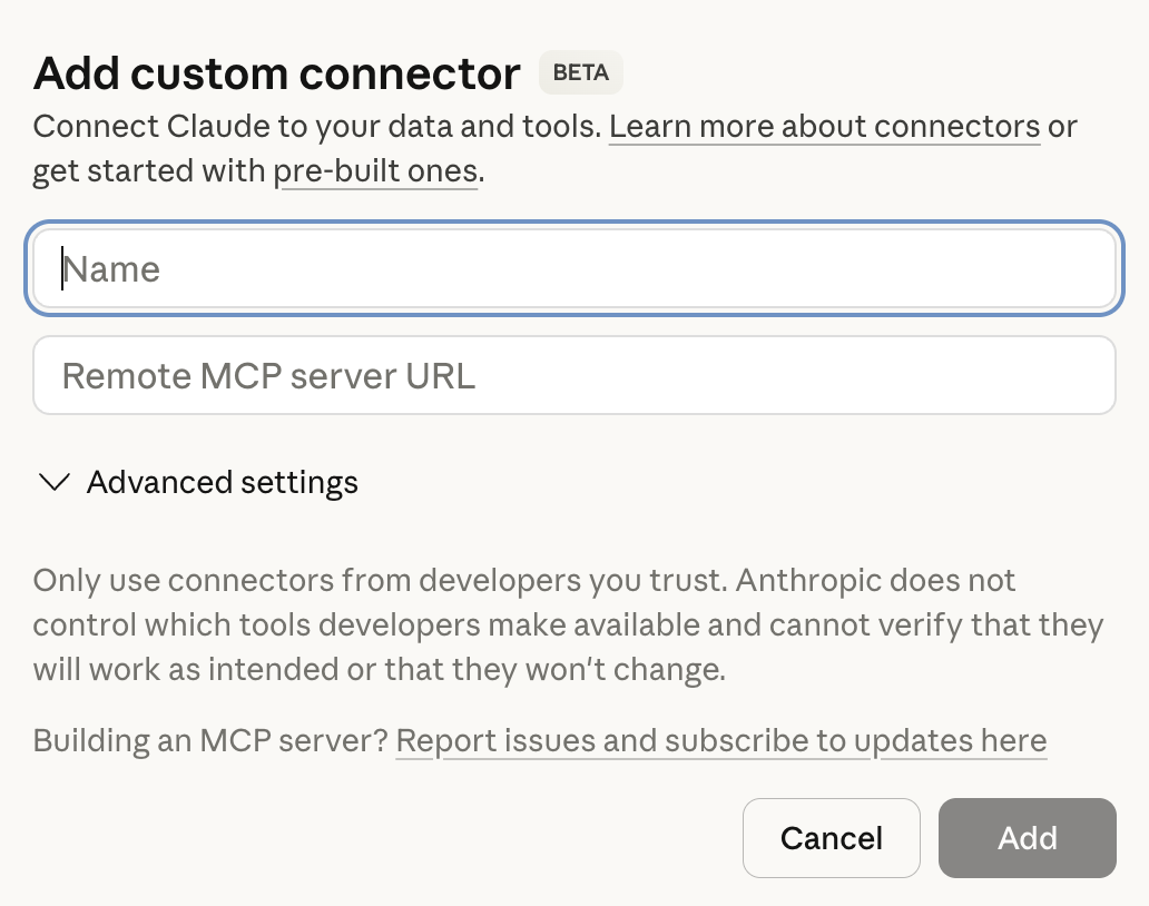 Custom connector form with Name and Remote MCP server URL fields