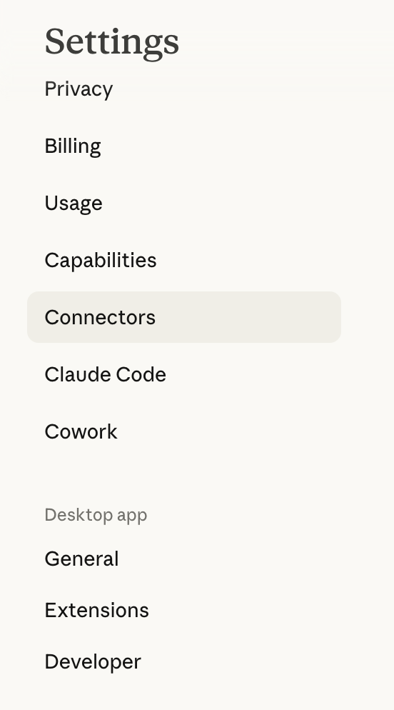Claude Desktop Settings sidebar with Connectors tab selected