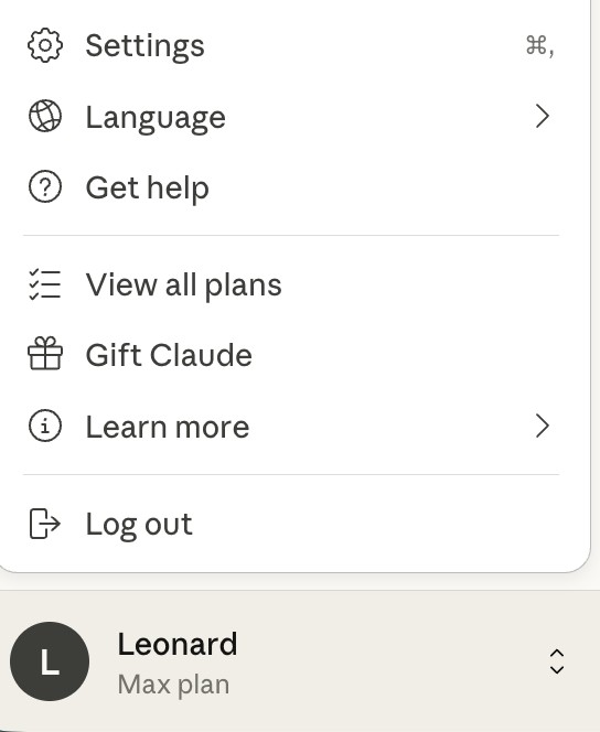Claude Desktop profile menu with Settings option highlighted